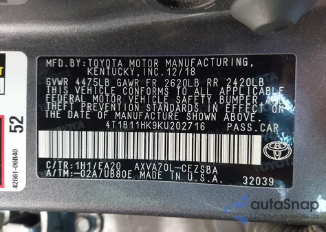 2019 Toyota Camry L/Le/Xle/Se/Xse z USA, uszkodzony, nr VIN 4T1B11HK9KU202716
